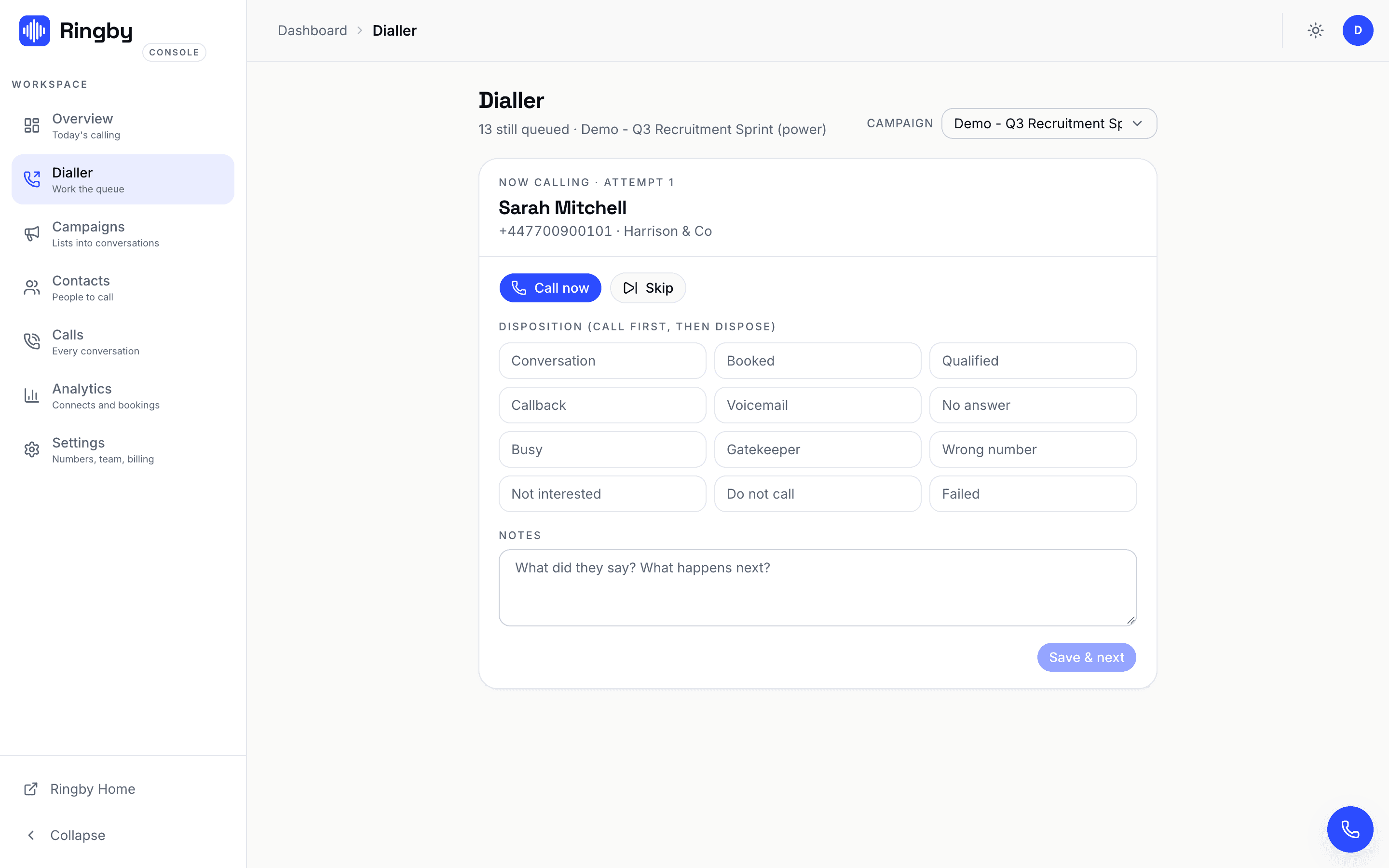 The Ringby dialler workspace: campaign queue, contact context and one-click dispositions
